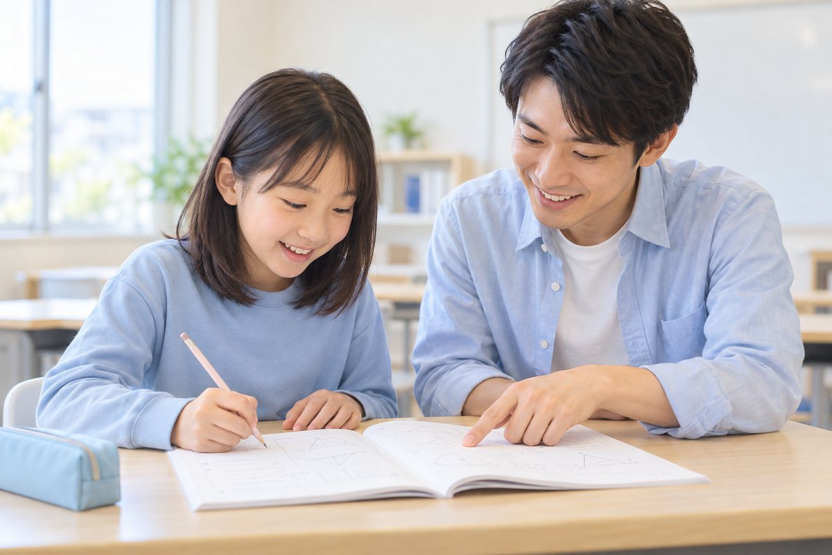 先生と小学生の女の子が、算数のテキストを一緒に見ている様子