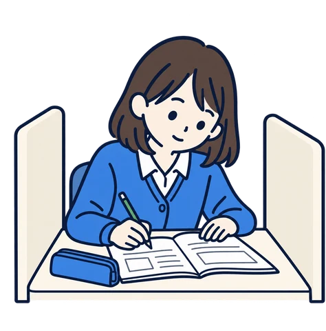 仕切りのある席で集中して勉強する女の子のイラスト