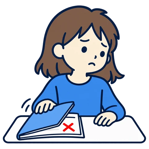 バツのついたドリルを閉じる女の子のイラスト