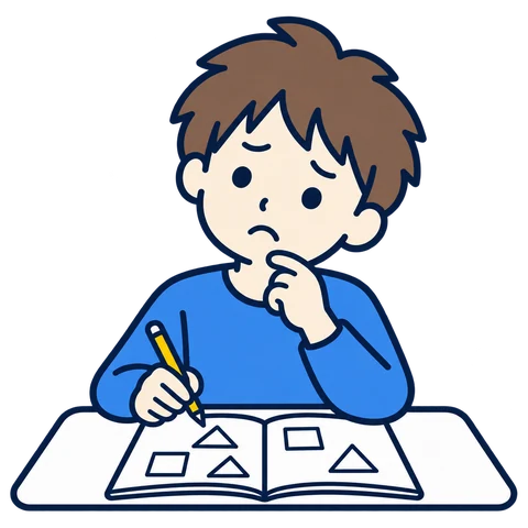 算数のドリルの前で考え込む男の子のイラスト