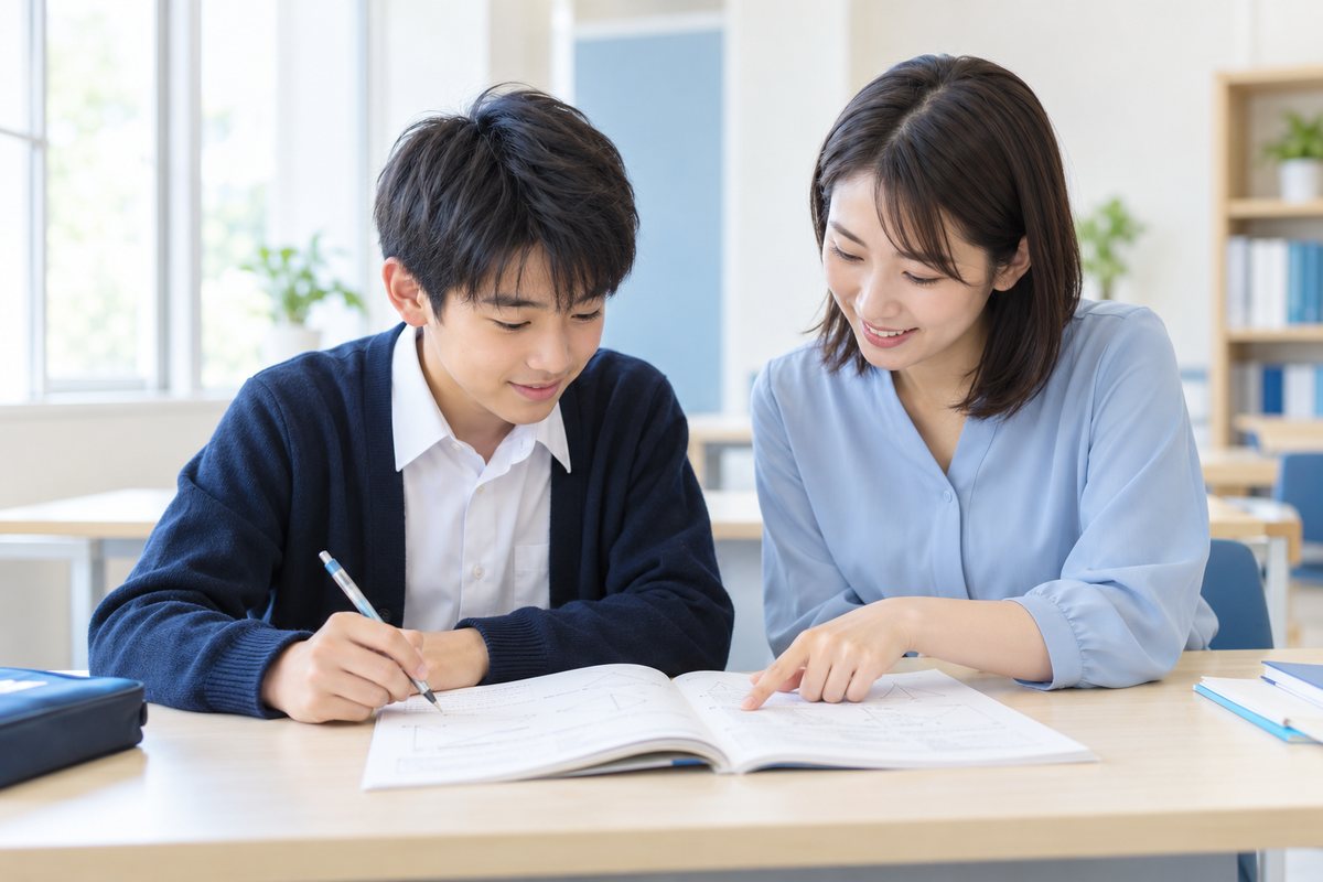 担任の先生と中学生の男の子が、一緒にテキストを見ている様子