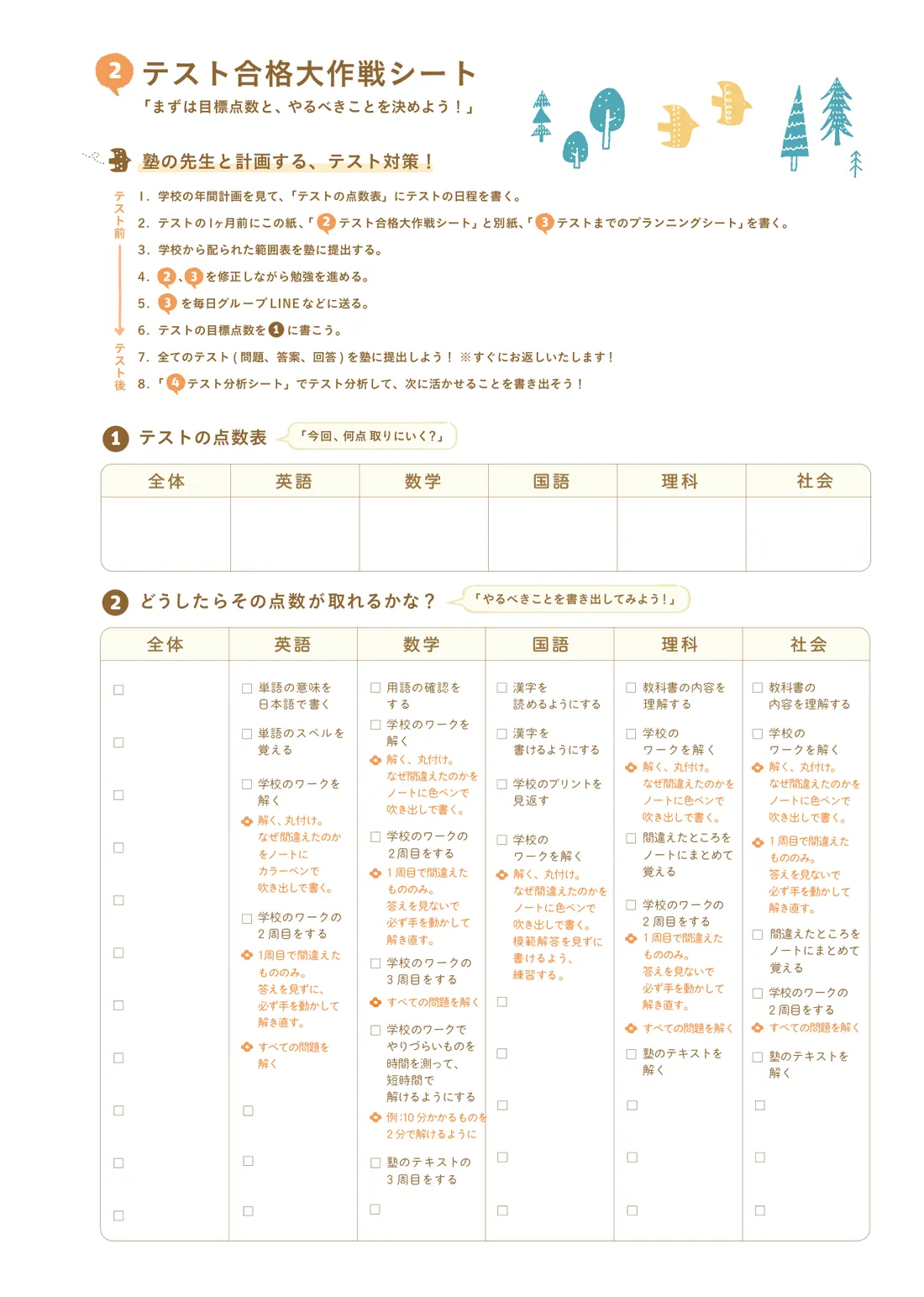 テスト合格大作戦シート。教科ごとの目標点と、点数を取るためにやることを書き出す表