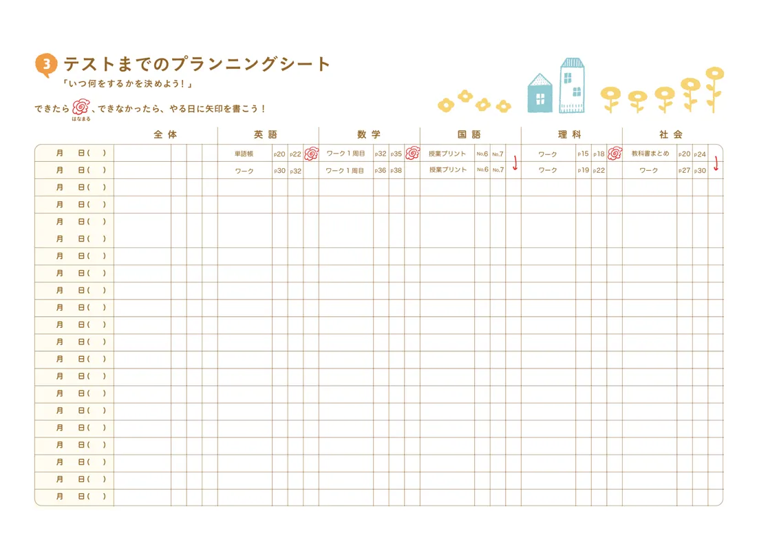テストまでのプランニングシート。日付ごとに教科別のやることを書き込む表