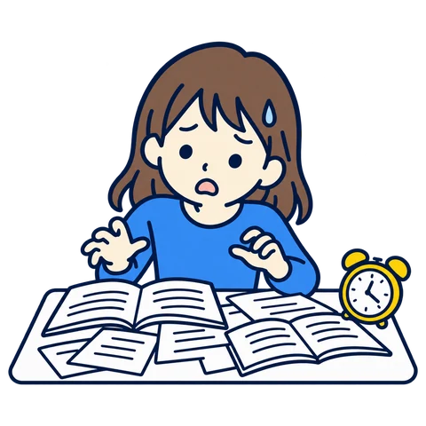 テスト直前に教科書を広げてあわてる中学生のイラスト