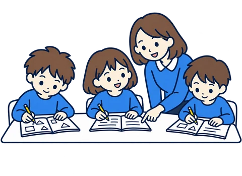 グループで学ぶ子どもたちと先生のイラスト