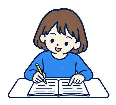 プリントを読みながら書く女の子のイラスト