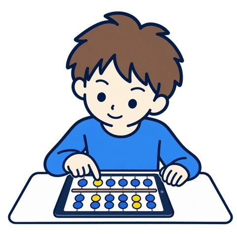 タブレットのそろばんで計算する男の子のイラスト