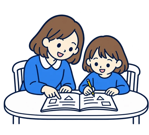 自宅で先生と学ぶ女の子のイラスト