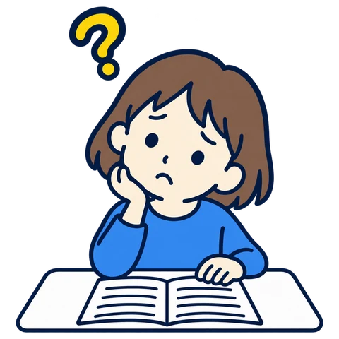 文章題のプリントを前に首をかしげる女の子のイラスト